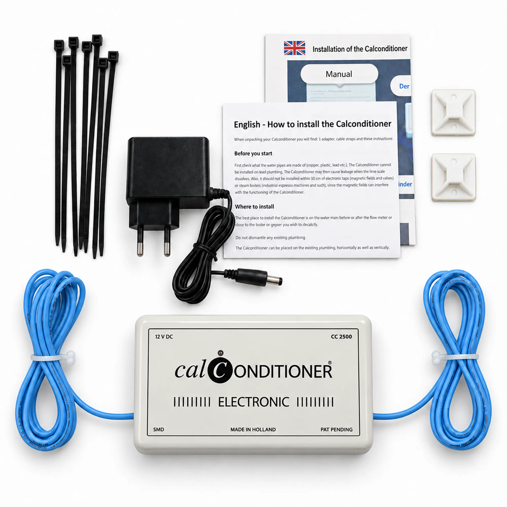 Calconditioner CC2500 package contents with power adapter and mounting materials
