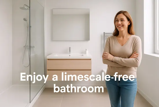 Smiling woman admiring her spotless limescale-free bathroom