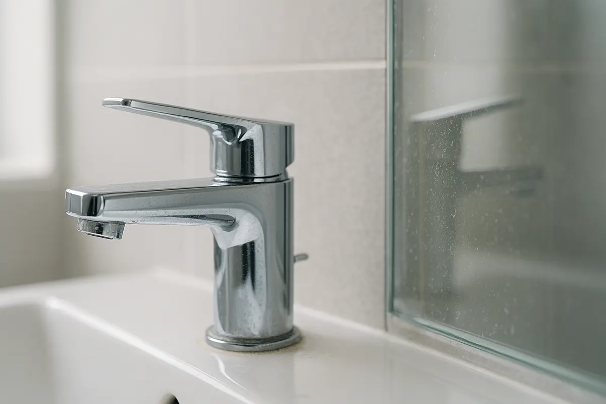 Before: White spots and dull fixtures caused by limescale.