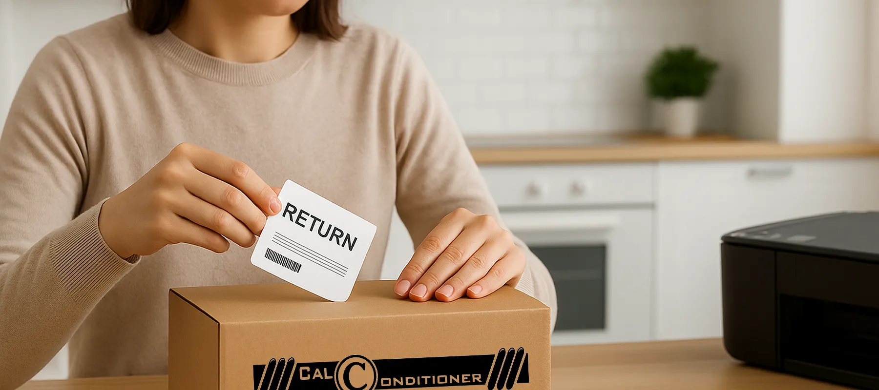 Customer attaches return label to Calconditioner shipping box.