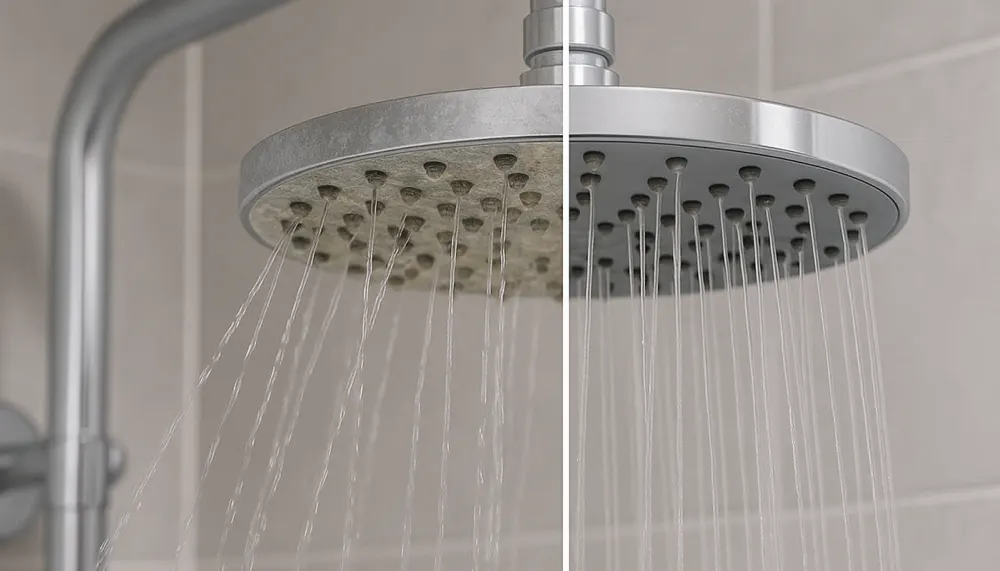 Shower head with limescale buildup that blocks the nozzles and disrupts the water jets