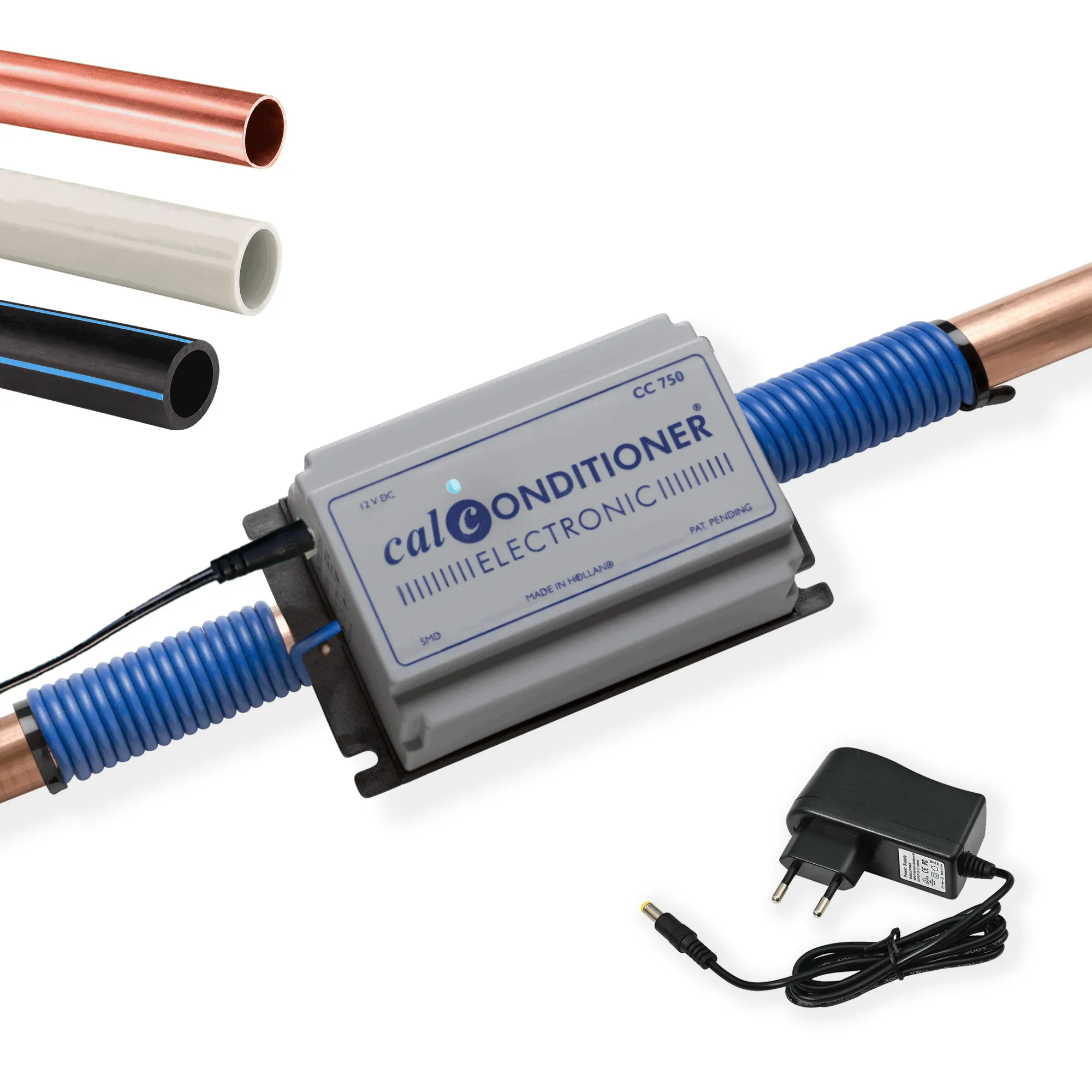 Electronic Descaler Calconditioner CC750 mounted on a copper pipe with mounting coils and power adapter.
