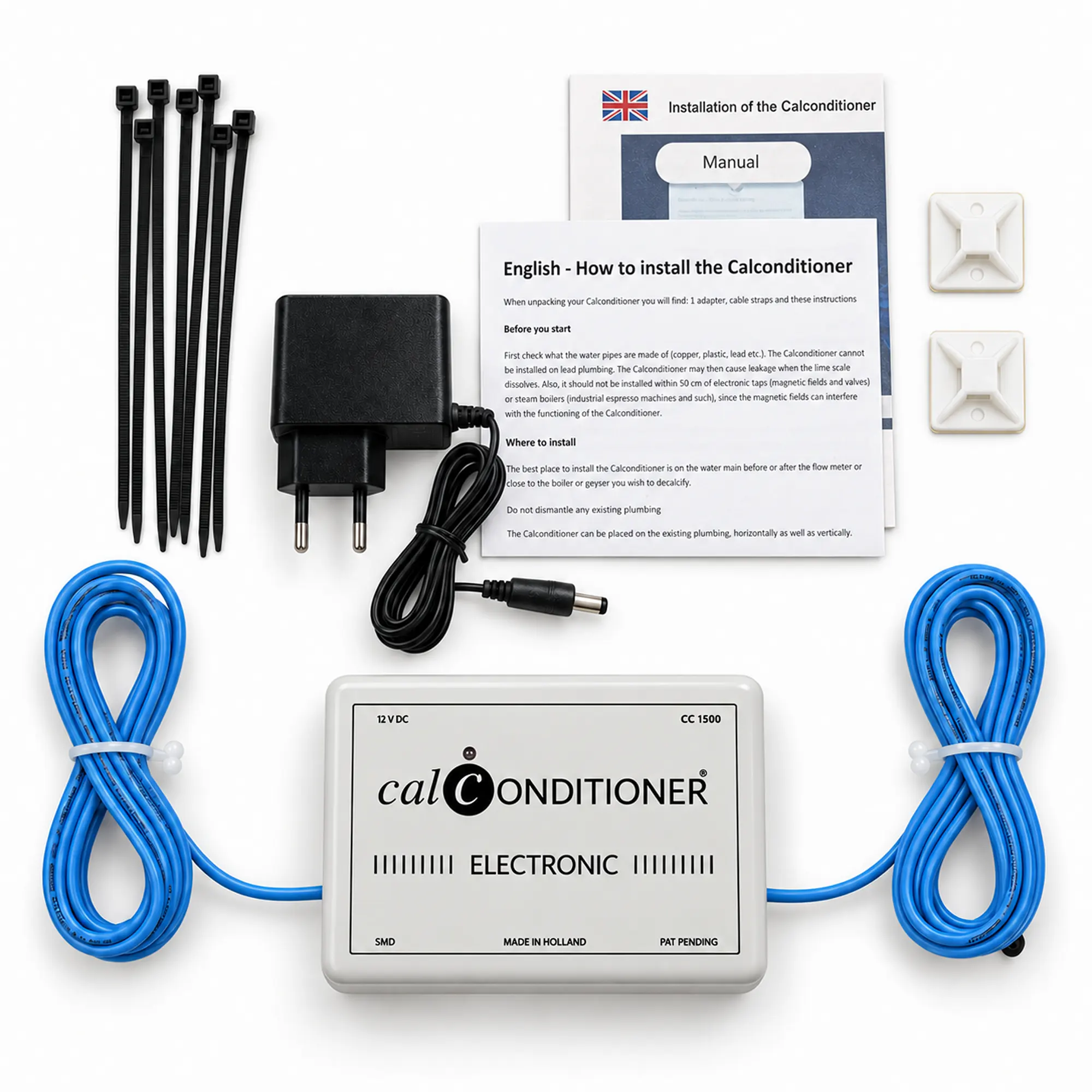 Calconditioner CC1500 package contents with power adapter and mounting materials