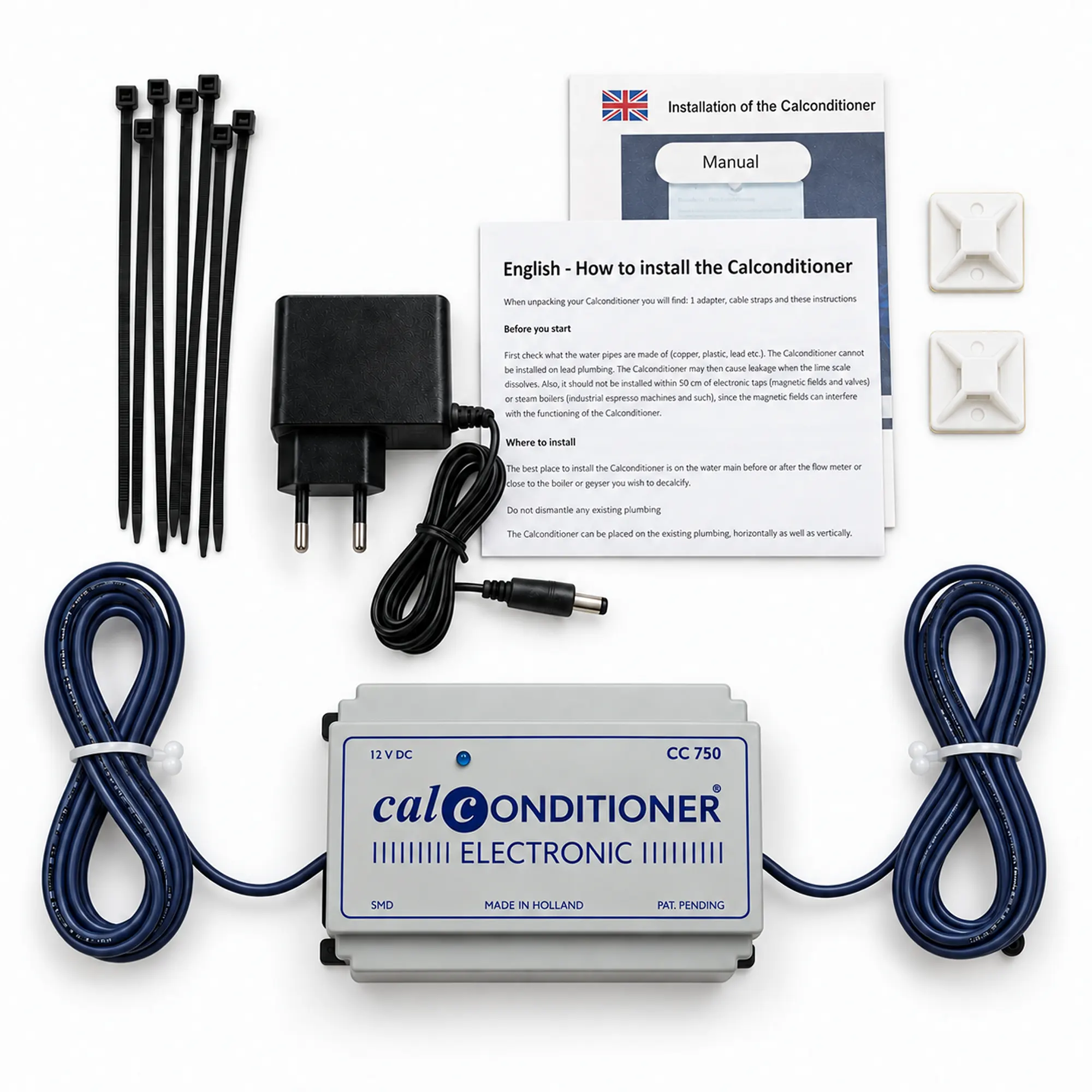 Calconditioner CC750 package contents with power adapter and mounting materials